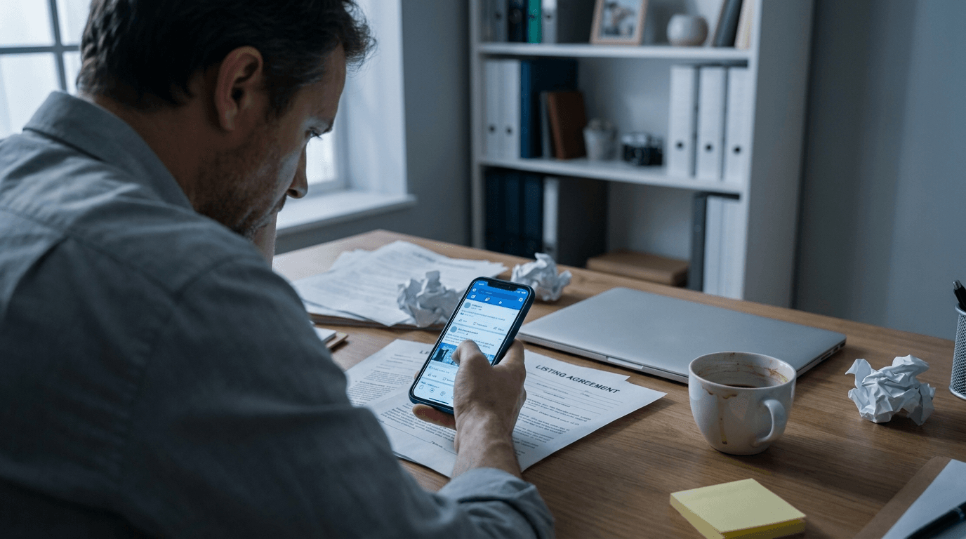 An agent slumped at a cluttered desk, scrolling on a phone in cold afternoon light — the passive, course-collecting, status-quo mindset this training is not for
